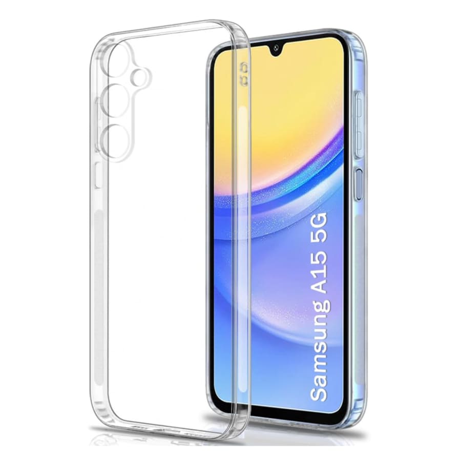 Clear protective case for Samsung Galaxy A15 5G with built-in screen protector, from 9eight5, showing front and back view.