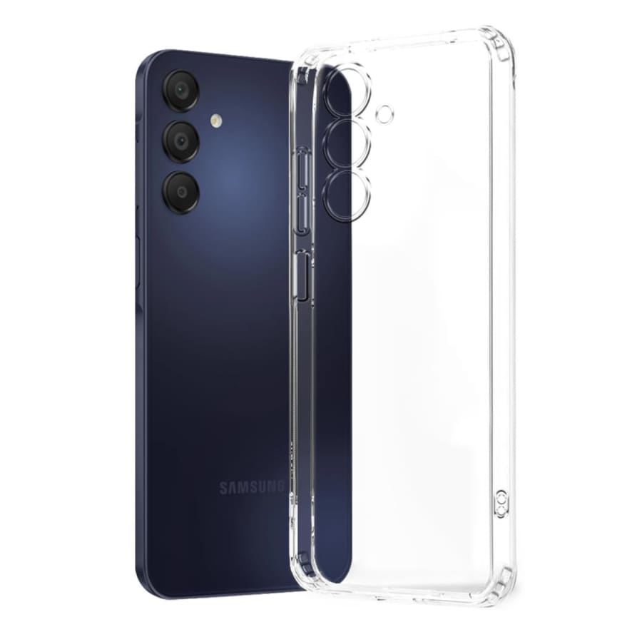 Clear protective case for Samsung Galaxy A15 with built-in screen protector, by 9eight5, showing the transparent, slim design.