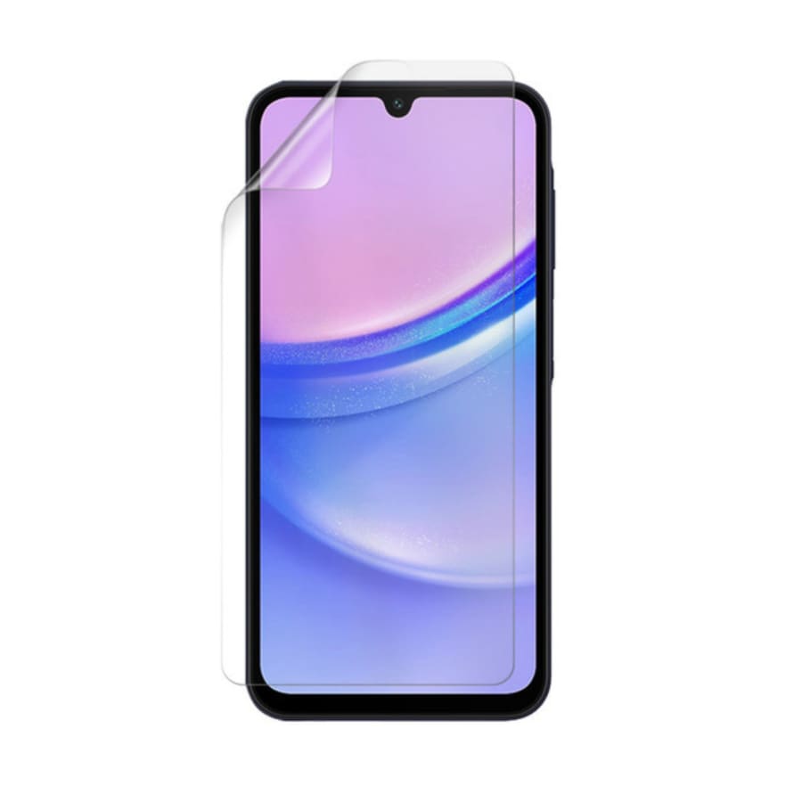 Two 9eight5 hydrogel screen protectors for Samsung Galaxy A15, showing clear, flexible protectors aligned for installation.