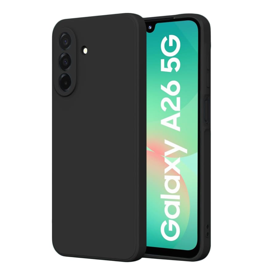 Black 9eight5 screen protector case for Samsung Galaxy A26 5G, showing the protective cover on the phone with a sleek design.