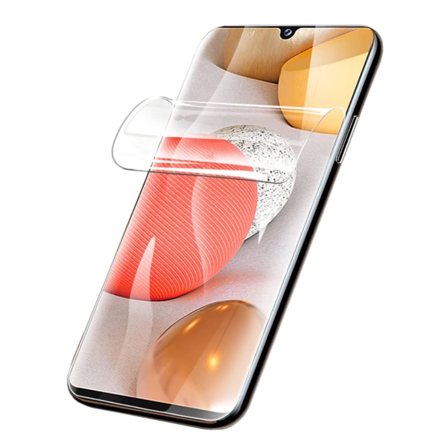 Hydrogel screen protector for Samsung Galaxy A42 5G by 9eight5, showing a clear, flexible film fitting the phone screen.
