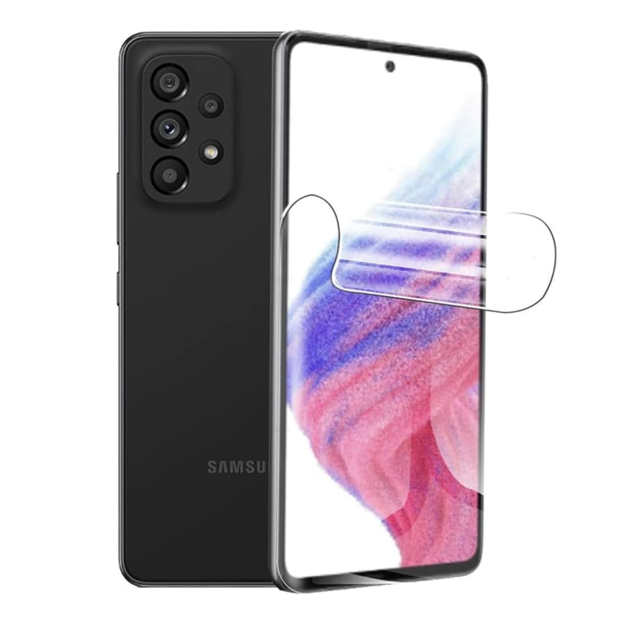 Hydrogel screen protectors for Samsung Galaxy A53 5G by 9eight5, pack of 2, showing application on the device screen.
