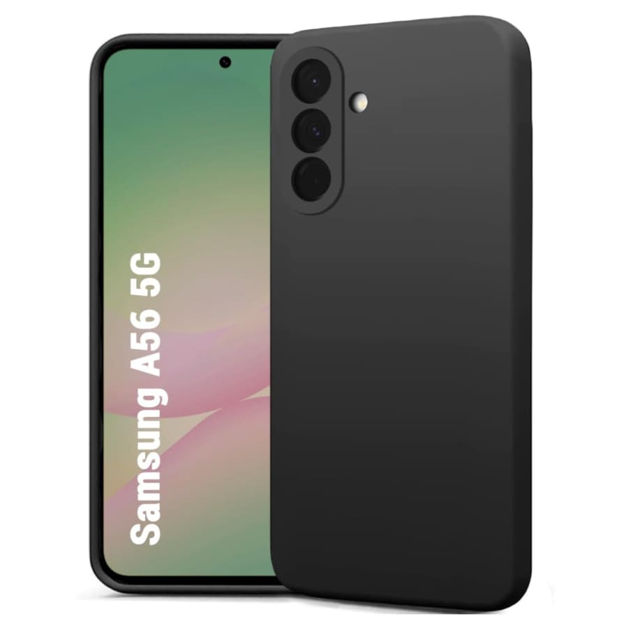Black screen protector for Samsung Galaxy A56 5G by 9eight5, shown installed on the phone with a close-up view of the protective layer.