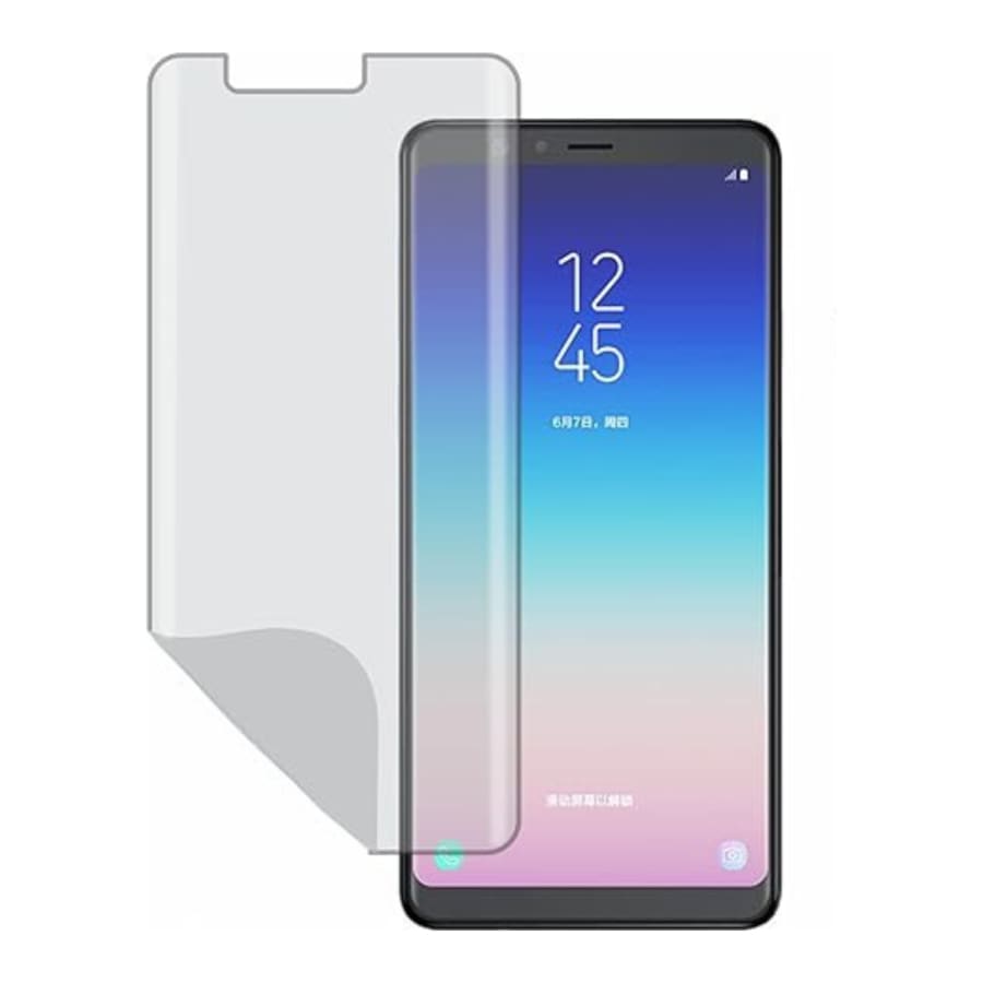 Hydrogel screen protector for Samsung Galaxy A8 (2018) by 9eight5, showing the clear, flexible film covering the phone screen.