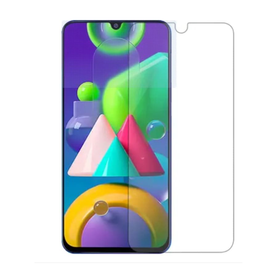 Clear 9eight5 screen protector for Samsung Galaxy M21, showing a protective film over the phone screen