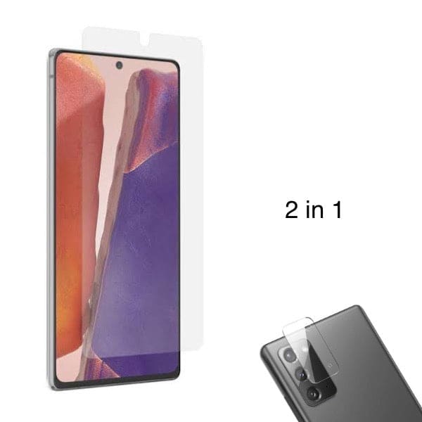 9eight5 screen protector for Samsung Galaxy Note 20, 2-in-1 clear tempered glass with edge-to-edge protection visible on the device screen