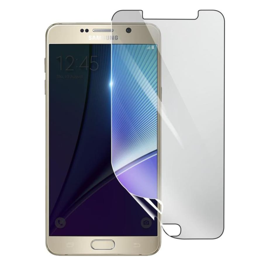 Set of two 9eight5 hydrogel screen protectors for Samsung Galaxy Note 5, showing the clear, flexible protectors on the phone screen.