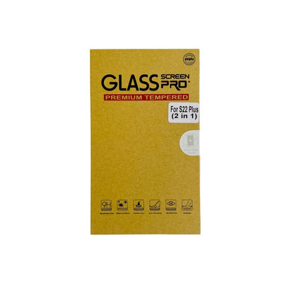 9eight5 screen protector for Samsung Galaxy S22 Plus, 2-in-1 clear tempered glass shield covering the screen.