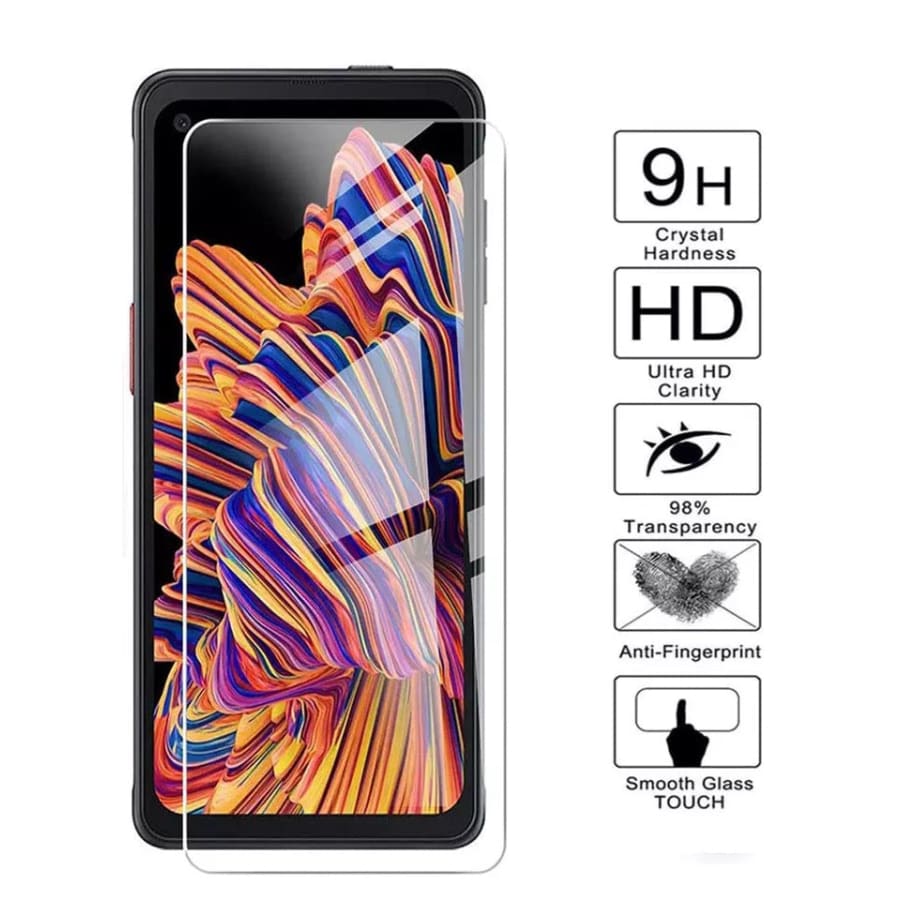 Two 9eight5 screen protectors for Samsung Galaxy Xcover Pro, transparent film protecting the phone screen from scratches.