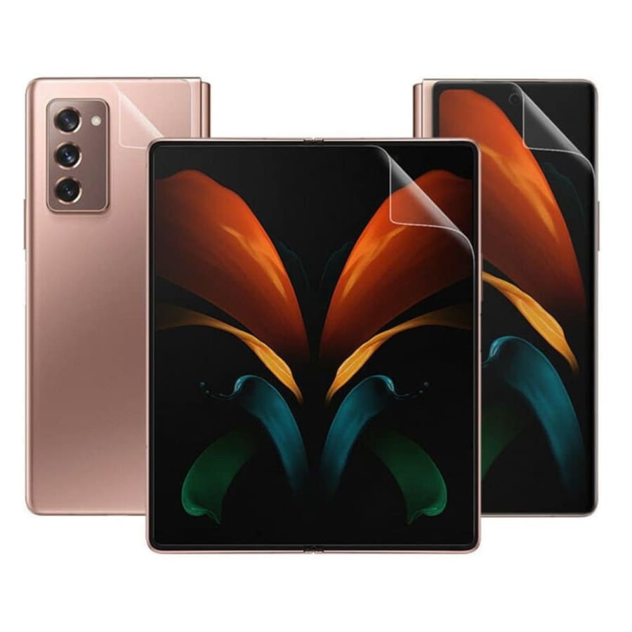 Hydrogel screen protectors for Samsung Galaxy Z Fold 2 by 9eight5, showing two transparent protectors installed on device screens.