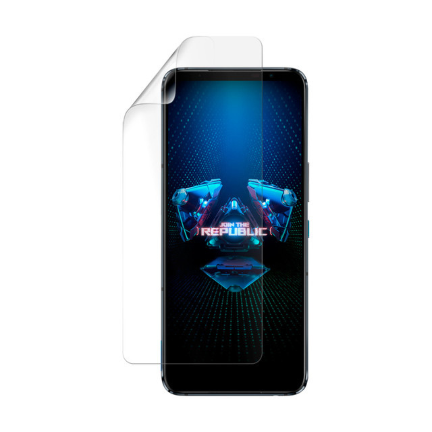 Hydrogel screen protector for Asus ROG Phone 5 by 9eight5, showing the clear, flexible protector fitting the phone screen.
