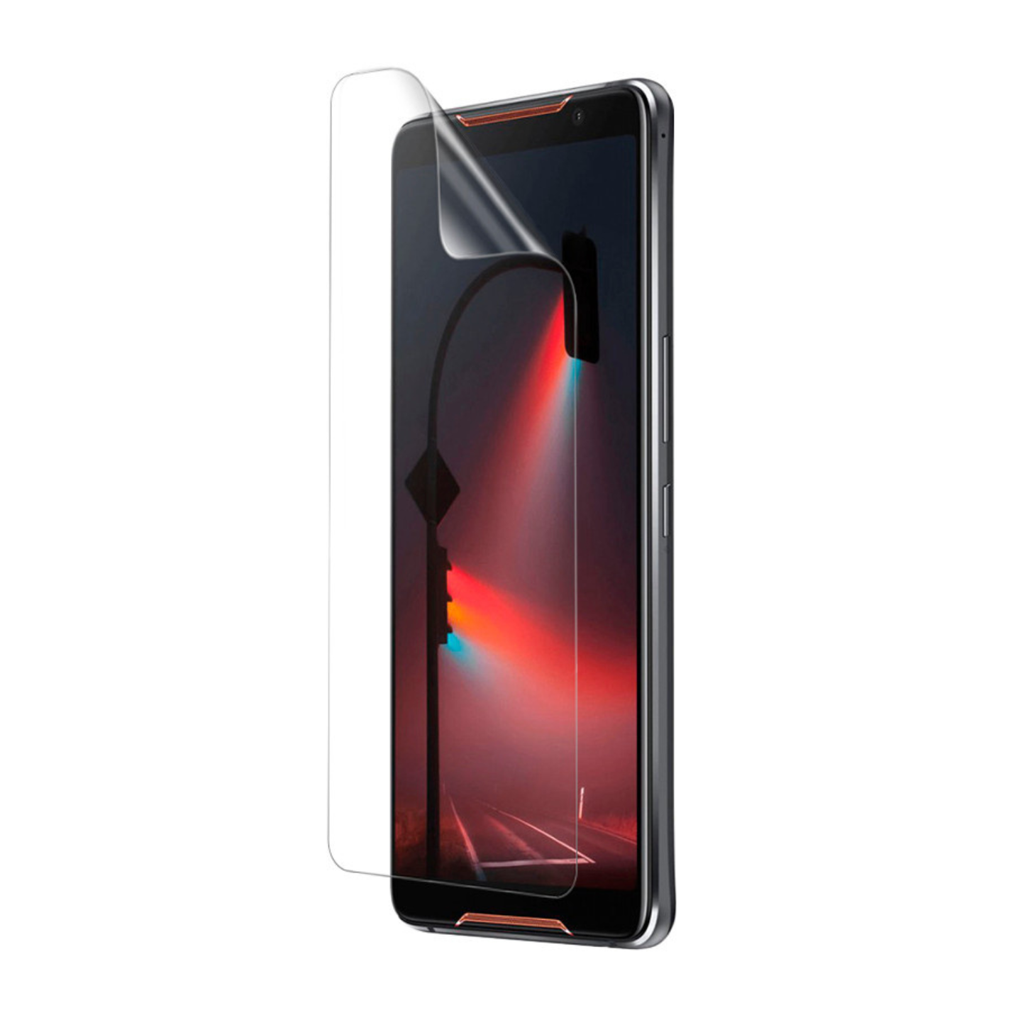 Hydrogel screen protector for Asus ROG Phone by 9eight5, showing the clear, flexible film fitting over the phone screen.
