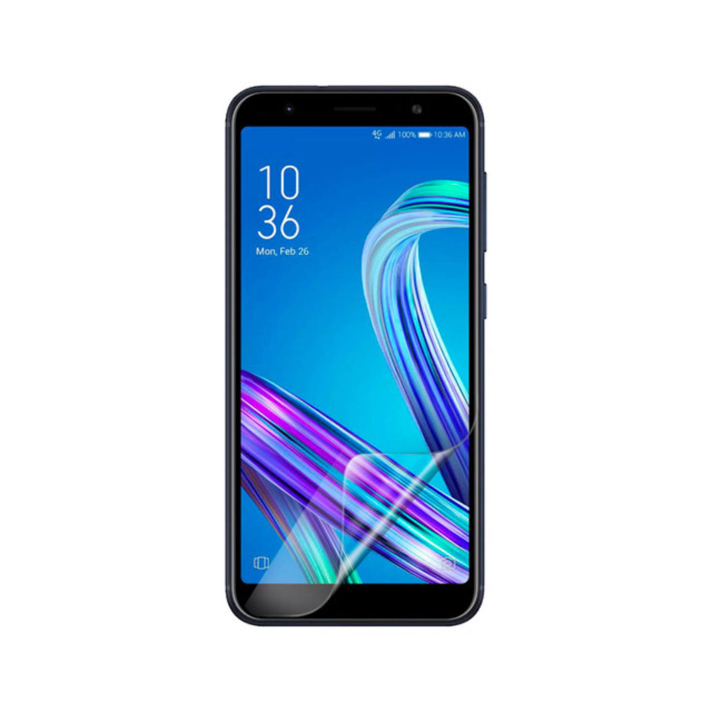 Hydrogel screen protector for Asus Zenfone Max (M1) by 9eight5, showing a clear, flexible film covering the phone screen.