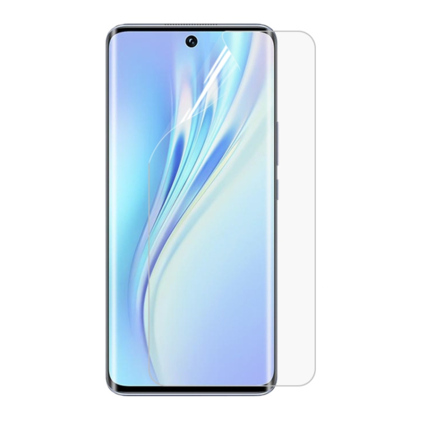 Two 9eight5 hydrogel screen protectors for Honor V40 Lite, showing clear, flexible film designed to protect the phone screen.