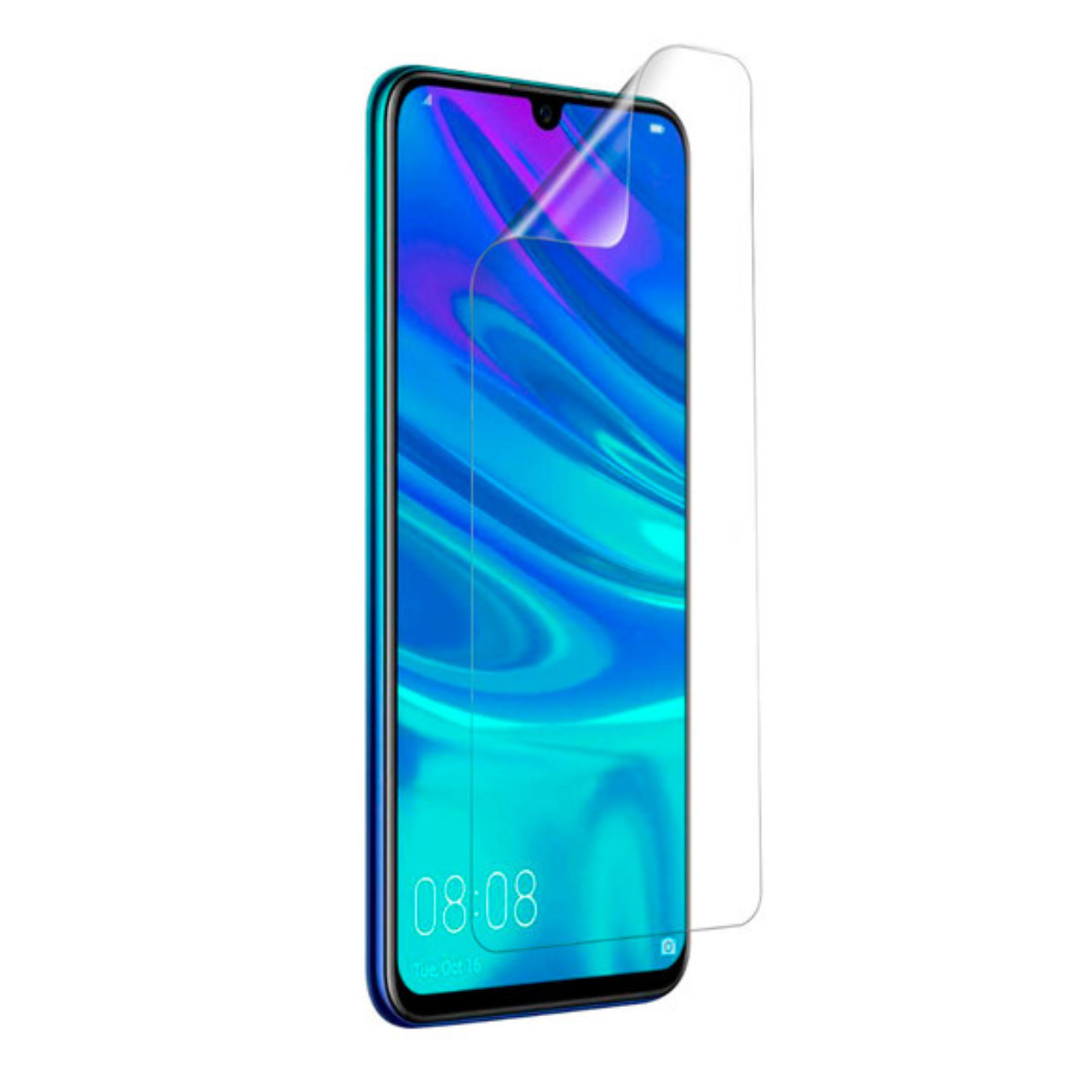 Hydrogel screen protector for Huawei P Smart Pro 2018 by 9eight5, showing a clear, flexible film covering the phone screen.