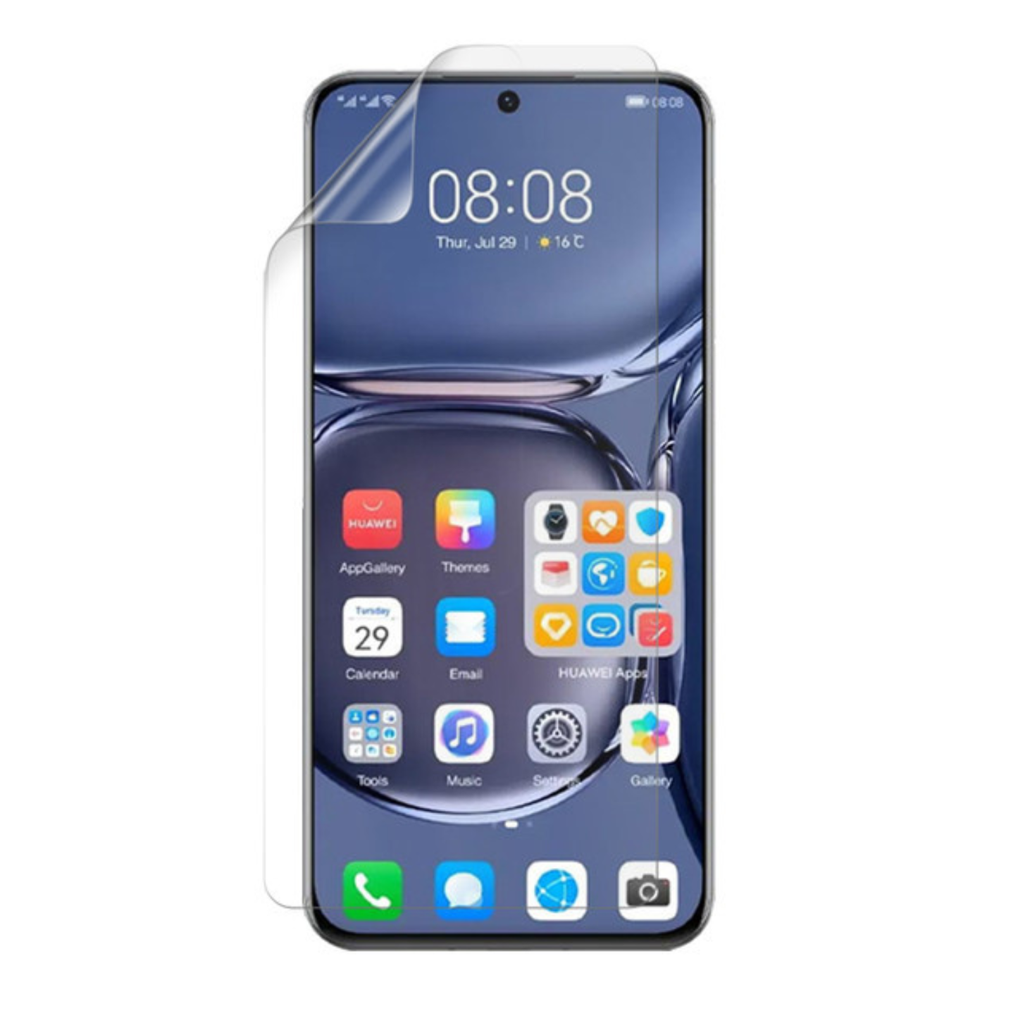 Hydrogel screen protector for Huawei P50 2021 by 9eight5, showing a clear, flexible film covering the phone screen.