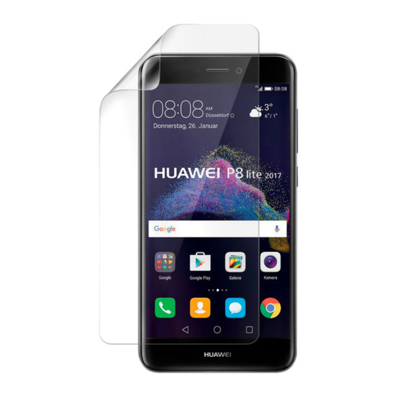 Hydrogel screen protector for Huawei P8 Lite 2015 by 9eight5, showing a clear, flexible film covering the phone screen.