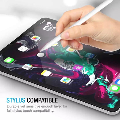 9eight5 screen protector for iPad Pro 12.9” 4th Gen 2020, close-up of clear tempered glass covering the tablet screen.