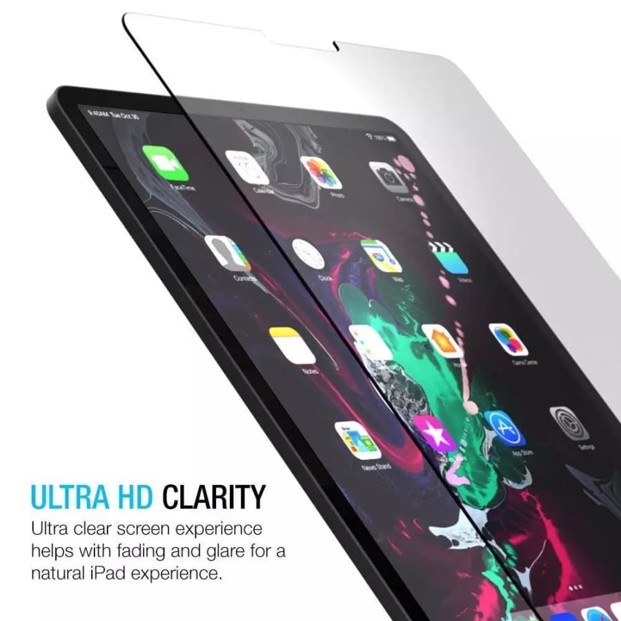 9eight5 iPad Pro 12.9 screen protector for 6th and 5th Gen models, clear, protective film covering the tablet screen.