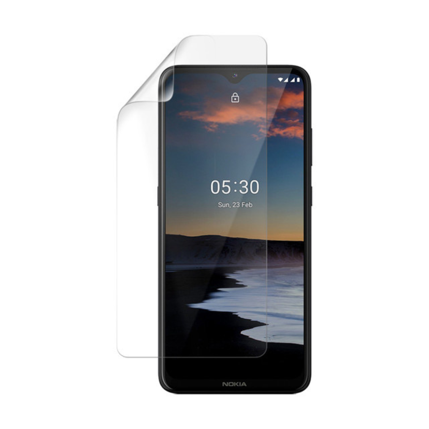 Hydrogel screen protector for Nokia 5.3 by 9eight5, showing the clear, flexible film fitting over the phone screen.