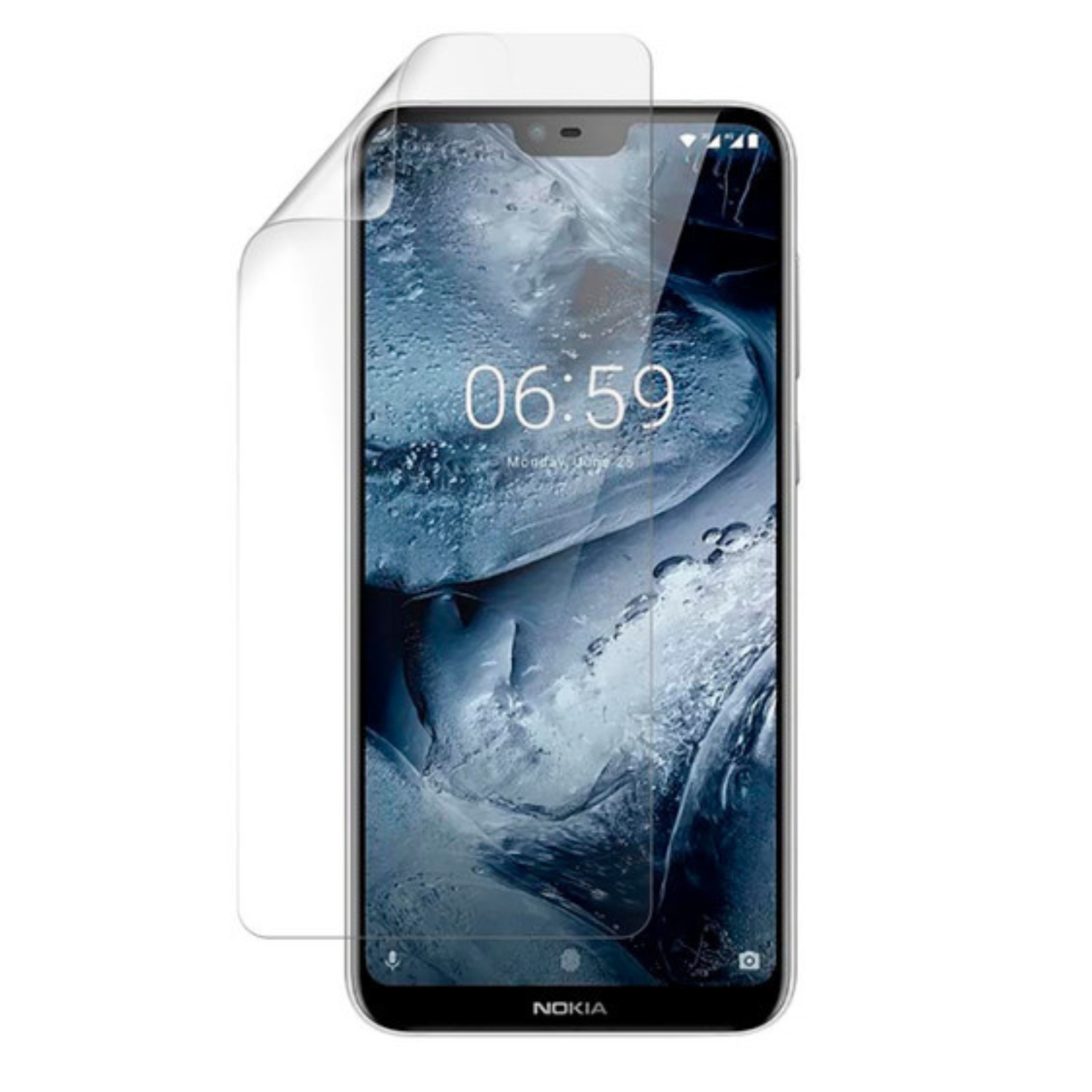 Hydrogel screen protector for Nokia 6.1 Plus by 9eight5, showing a clear, flexible film covering the phone screen.