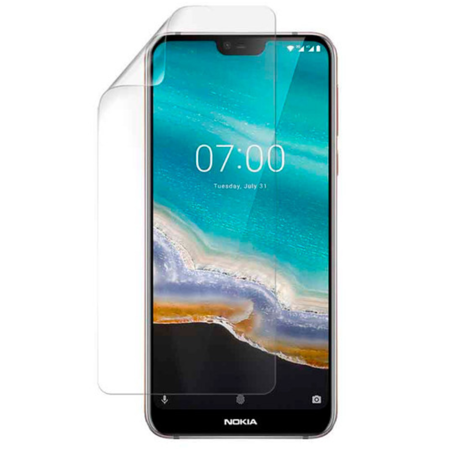 Hydrogel screen protector for Nokia 7.1 by 9eight5, showing a clear protective film fitting the smartphone screen.