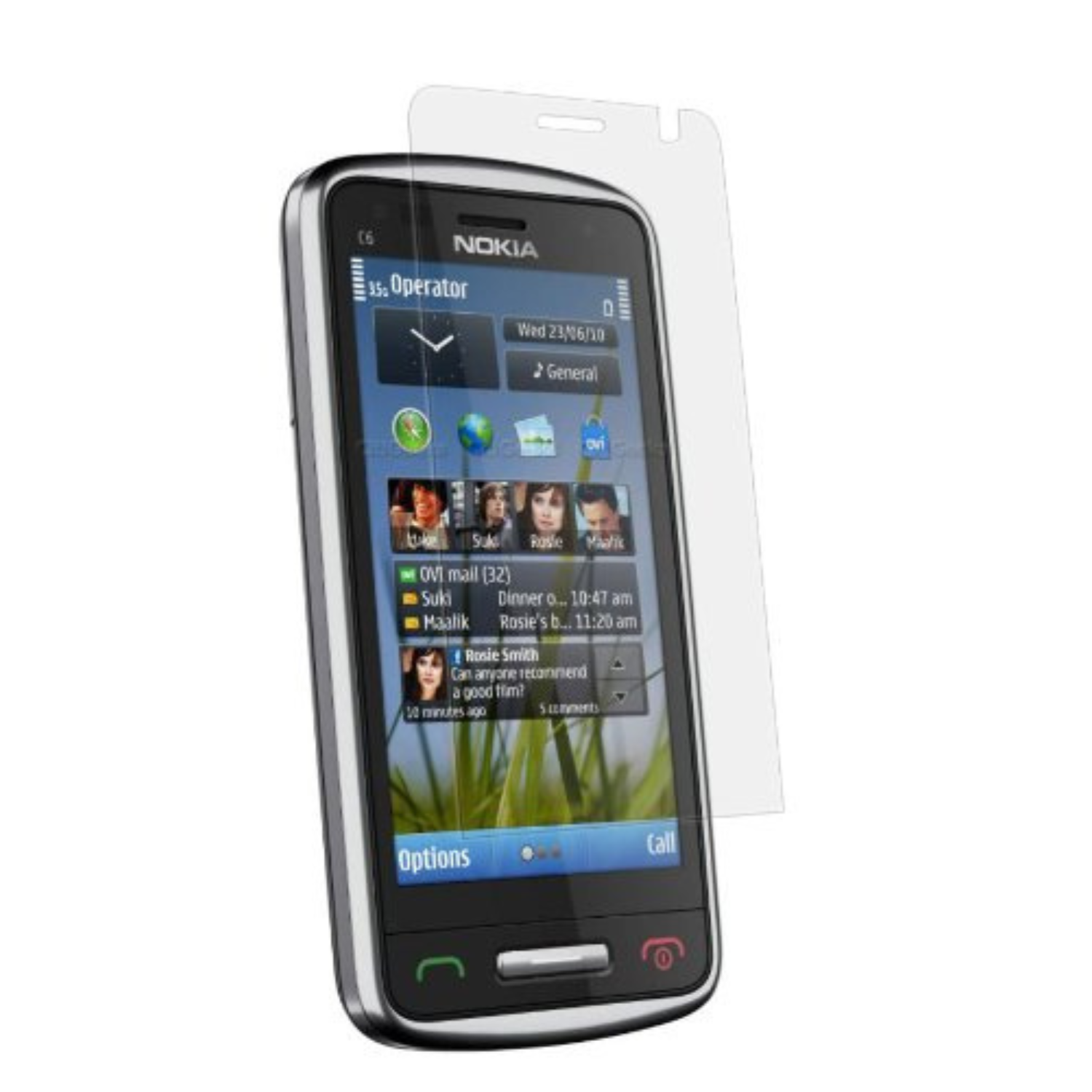 Hydrogel screen protector for Nokia C6-01 by 9eight5, pack of 2, showing the flexible transparent protector for phone screen.