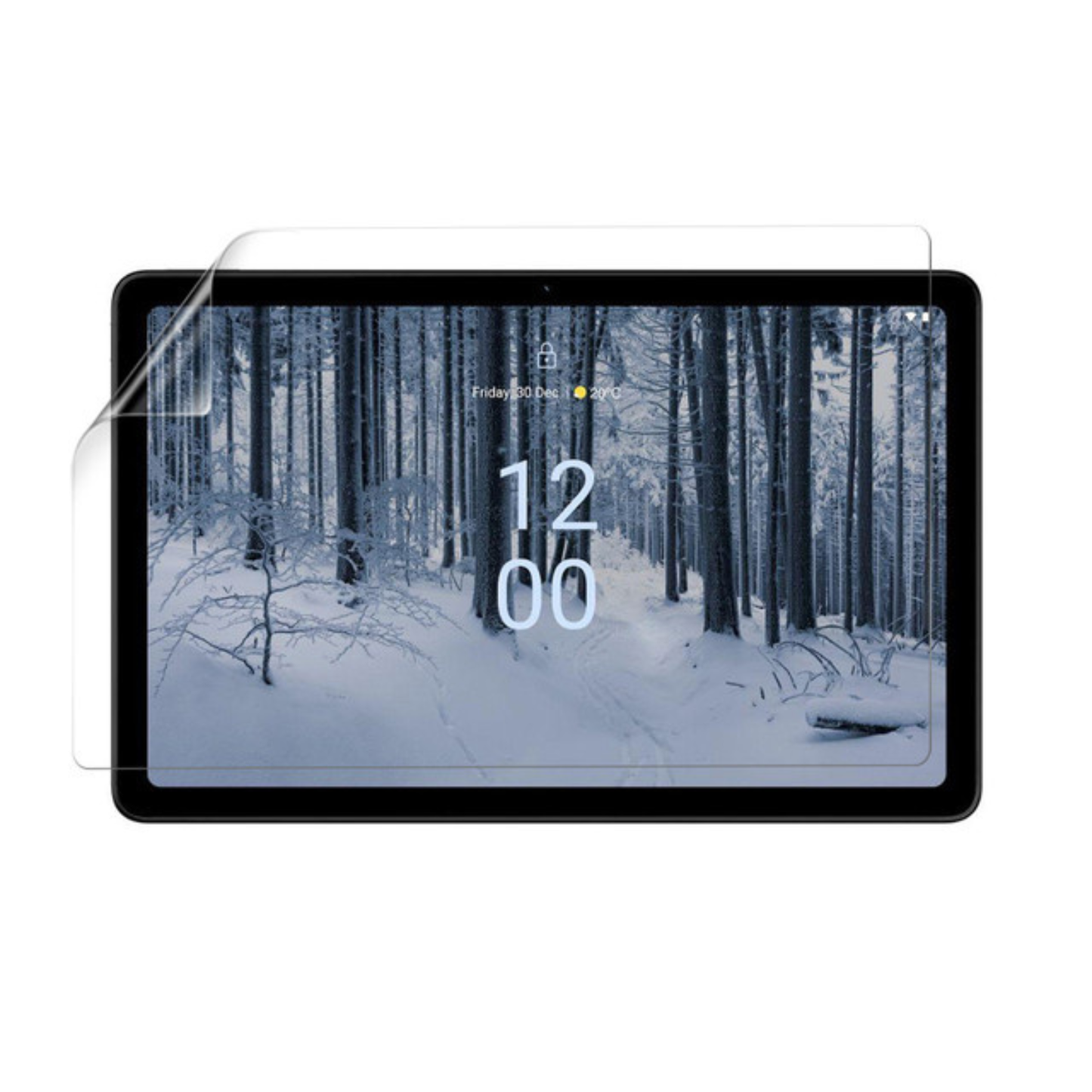 Two 9eight5 hydrogel screen protectors for Nokia T21 tablet, showing clear, flexible protection for the device screen.