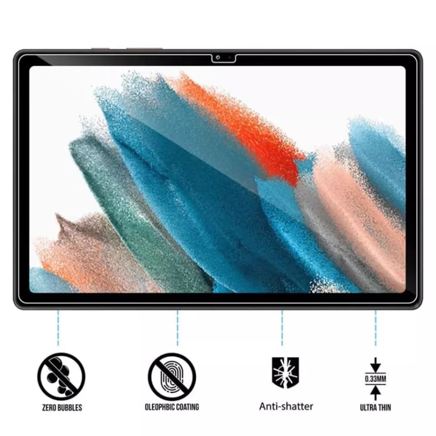 9eight5 screen protector for Samsung Galaxy Tab A8 10.5-inch (2021) X200/X205, showing a clear, glass screen protector for tablet protection.