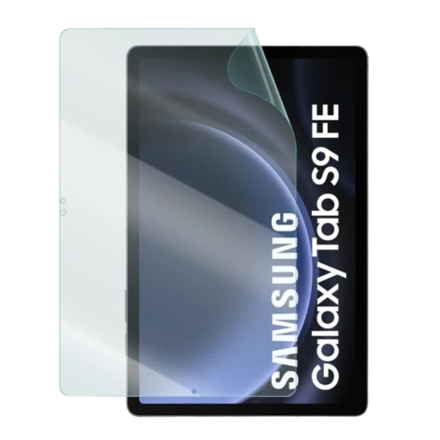 Hydrogel screen protector for Samsung Galaxy Tab S9 FE 10.9” by 9eight5, shown on tablet with protective film. Pack of 2.