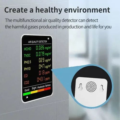 9eight5 6-in-1 air quality monitor showing digital display and sensors for measuring air pollutants and environmental conditions