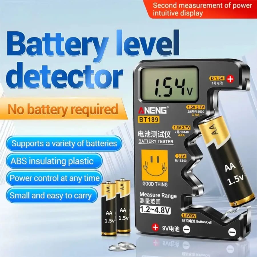9eight5 Battery Tester BT189 showing a digital display testing AA, AAA, C, D, 9V, 14500, and 16340 batteries in a tools and kits setting.