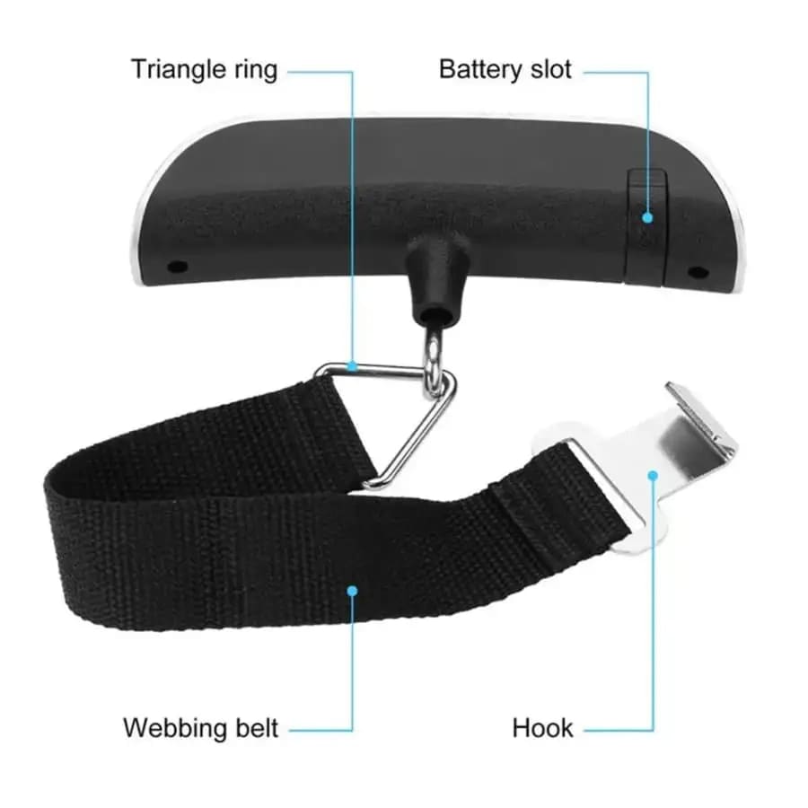 9eight5 luggage scale for measuring weight up to 50kg, compact tools and kits for travel and multipurpose weighing.