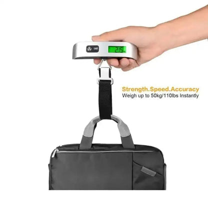 9eight5 luggage scale for measuring weights from 0.1kg to 50kg, featuring a digital display and durable design for travel.