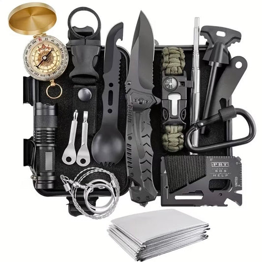 9eight5 15-piece survival kit with waterproof case, includes multipurpose tools and essentials for outdoor emergency preparedness.