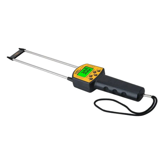 9eight5 grain moisture meter for corn, wheat, rice, beans, flour, fodder, and rapeseed, with digital display and testing probes.