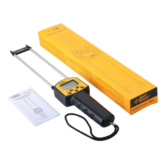 9eight5 grain moisture meter for corn, wheat, rice, beans, and fodder, showing digital display and measurement probes.