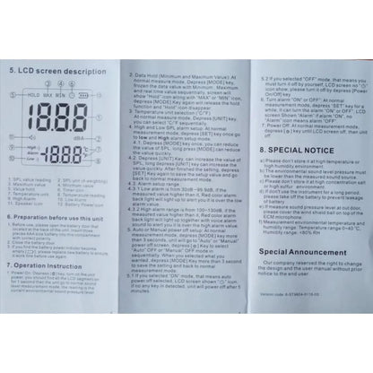9eight5 sound level noise meter measuring decibels from 30 to 130dB for noise level assessment and sound measurement.