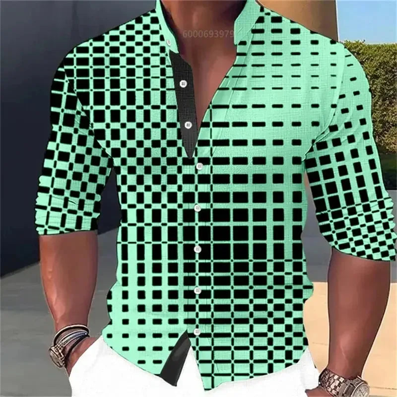 Men's Long-Sleeved Checkered Geometric Shirts - ShopHub