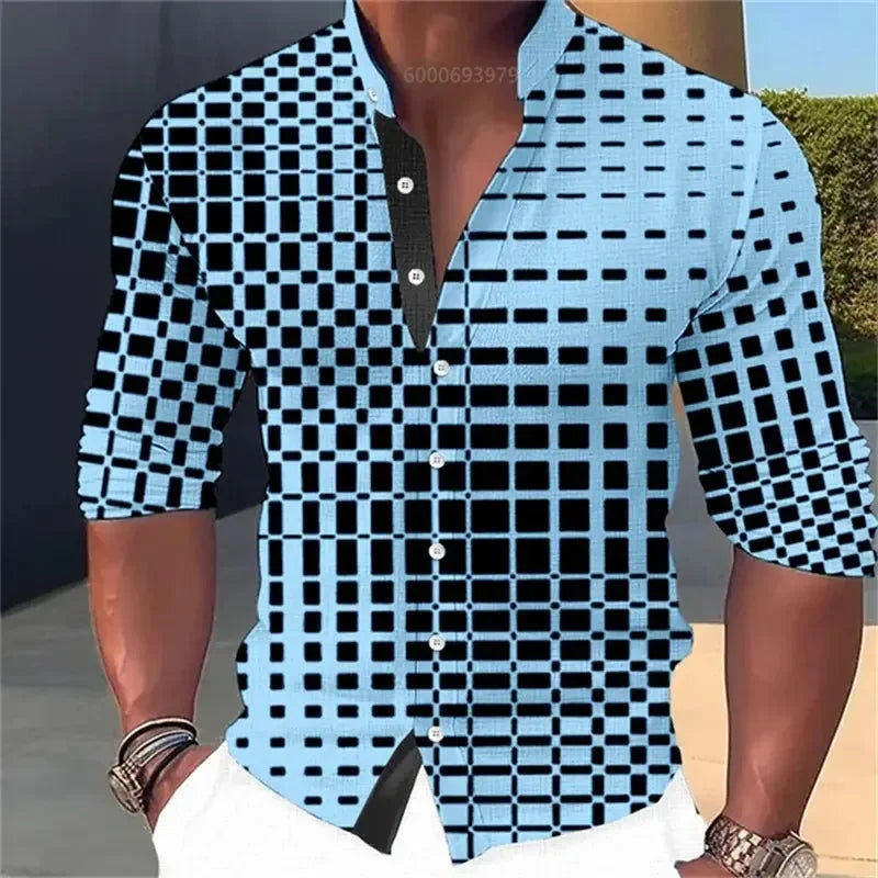 Men's Long-Sleeved Checkered Geometric Shirts - ShopHub