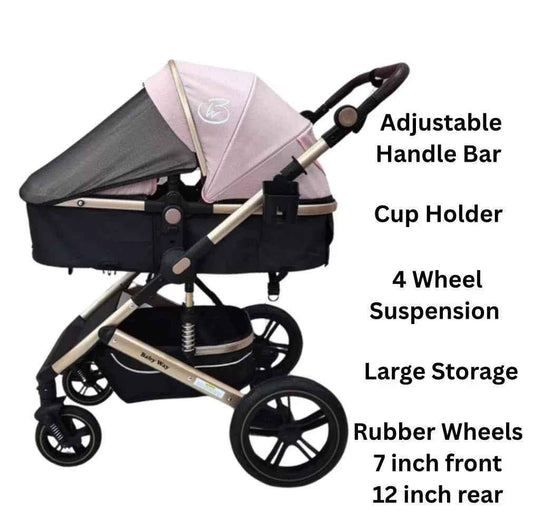 Preorder - Supra - 3 in 1 Stroller + Bassinet + Capsule Car Seat Combo with Mattress, Food Tray and Pink Skin