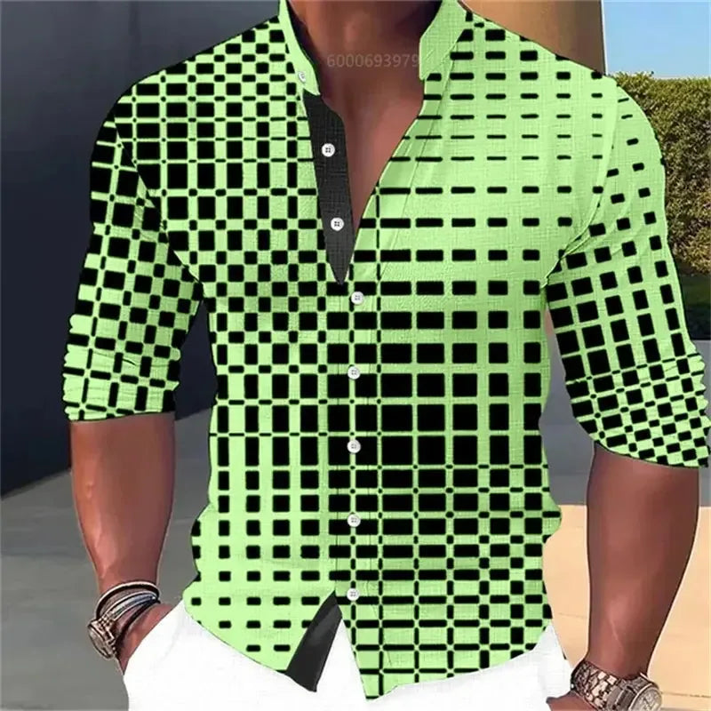 Men's Long-Sleeved Checkered Geometric Shirts - ShopHub