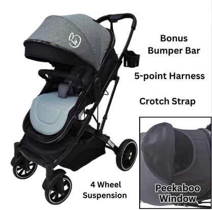 Gold Series 3-in-1 Travel System - Bassinet + Stroller + Capsule with Food Tray - Grey/Black