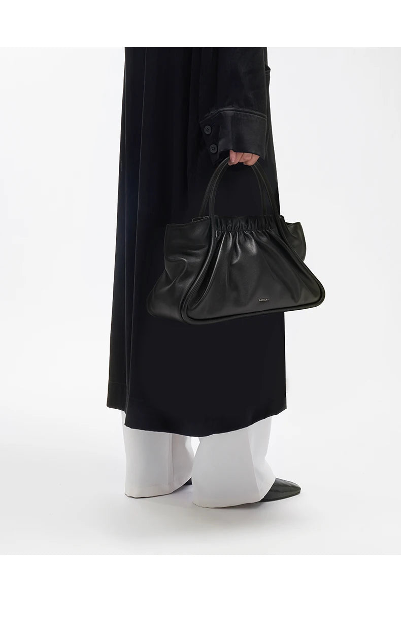 BAFELLI Ruched Genuine Leather Tote Bag