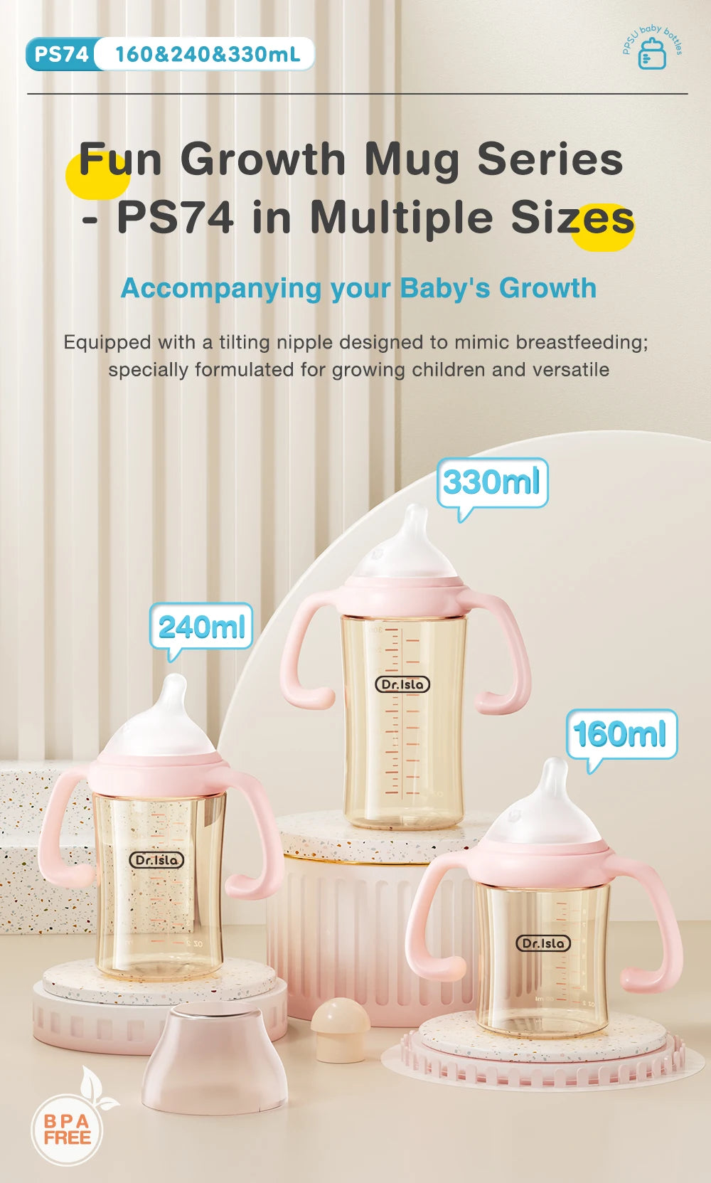 MAMIJOY 160/240/330ML Baby PPSU Bottle with Inclined Neck, Display Function & Temperature Indicator
