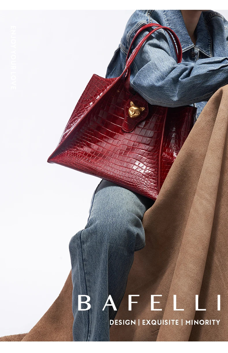 BAFELLI Full-Leather Crocodile-Pattern Large Tote Bag