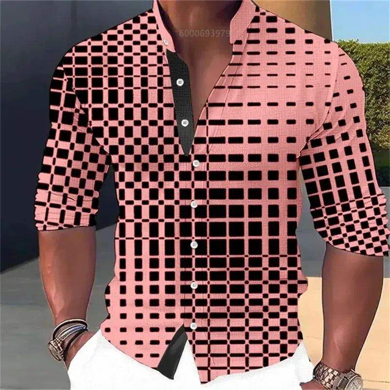 Men's Long-Sleeved Checkered Geometric Shirts - ShopHub