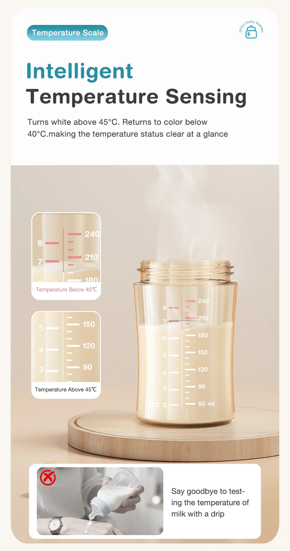 MAMIJOY 160/240/330ML Baby PPSU Bottle with Inclined Neck, Display Function & Temperature Indicator