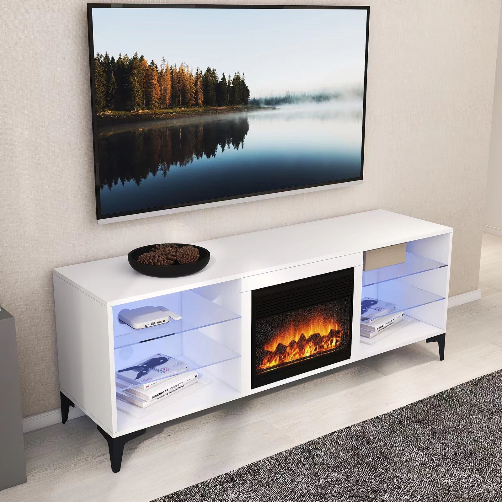 'Dante' RGB LED Lighting TV Unit With Electric Fireplace sue-e furniture