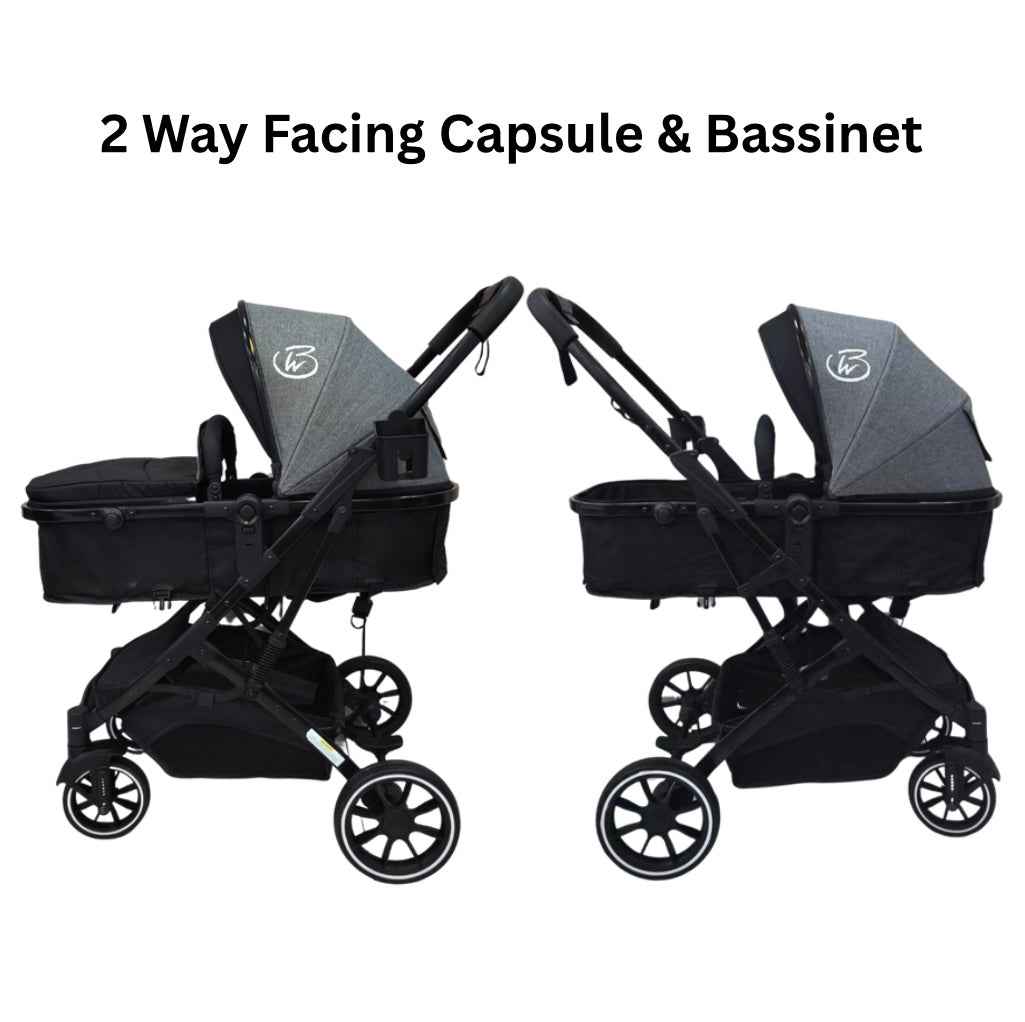 Gold Series 3-in-1 Travel System - Bassinet + Stroller + Capsule with Food Tray - Grey/Black